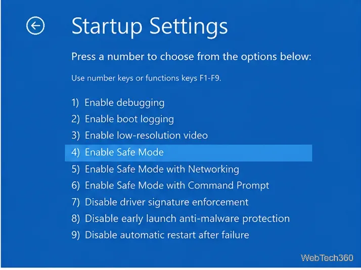 หน้าจอการตั้งค่าเริ่มต้นของ Windows 10 โดยมีไฮไลต์ "เปิดใช้งานโหมดปลอดภัย"
