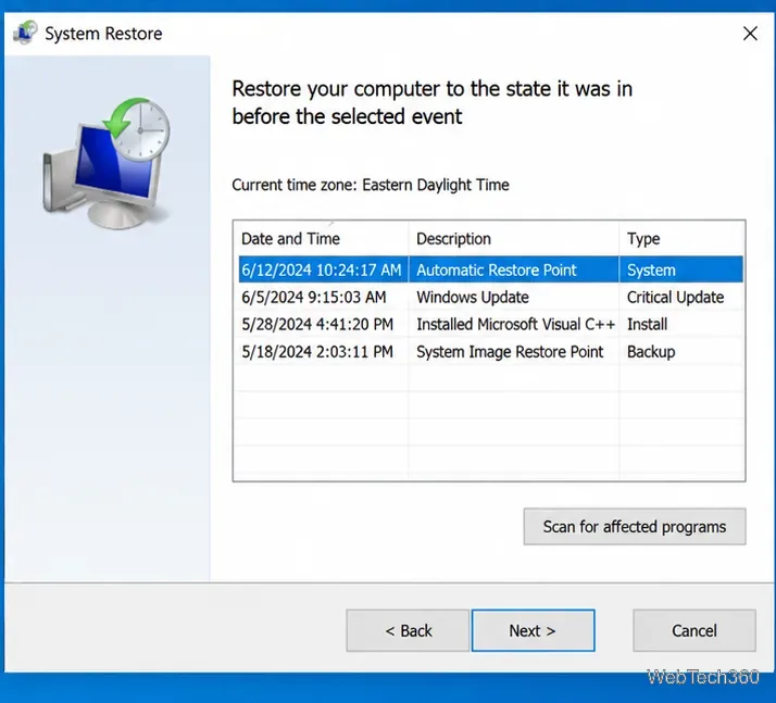 หน้าต่างการกู้คืนระบบของ Windows 10 แสดงจุดกู้คืนที่มีอยู่และตัวเลือกการสแกนโปรแกรมที่ได้รับผลกระทบ