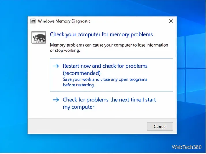 หน้าต่างแจ้งเตือนการวินิจฉัยหน่วยความจำของ Windows พร้อมตัวเลือก "รีสตาร์ททันทีและตรวจสอบปัญหา"