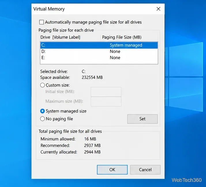 หน้าต่างหน่วยความจำเสมือนของ Windows 10 โดยตั้งค่าไดรฟ์ Windows เป็นขนาดที่จัดการโดยระบบ