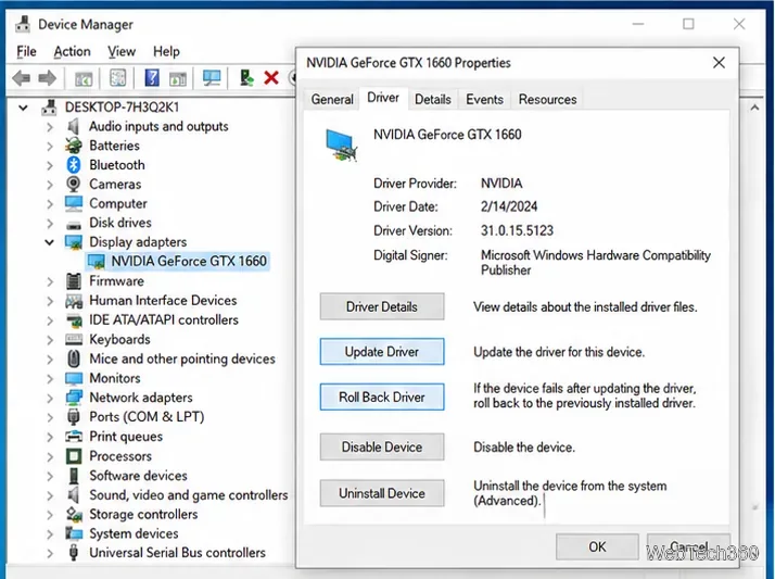 คุณสมบัติไดรเวอร์ใน Device Manager ของ Windows 10 พร้อมปุ่มควบคุมการอัปเดตไดรเวอร์และการย้อนกลับไดรเวอร์