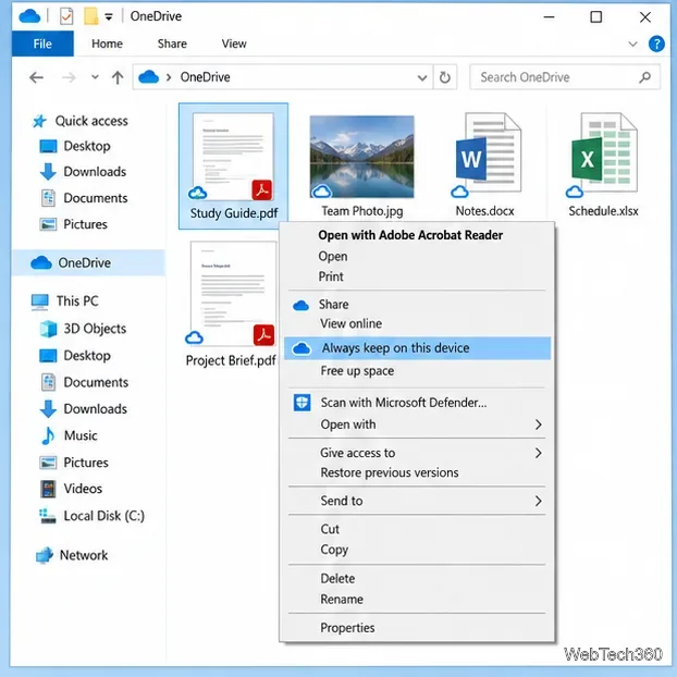 Контекстное меню OneDrive для PDF-файлов с выделенной опцией «Всегда хранить на этом устройстве»