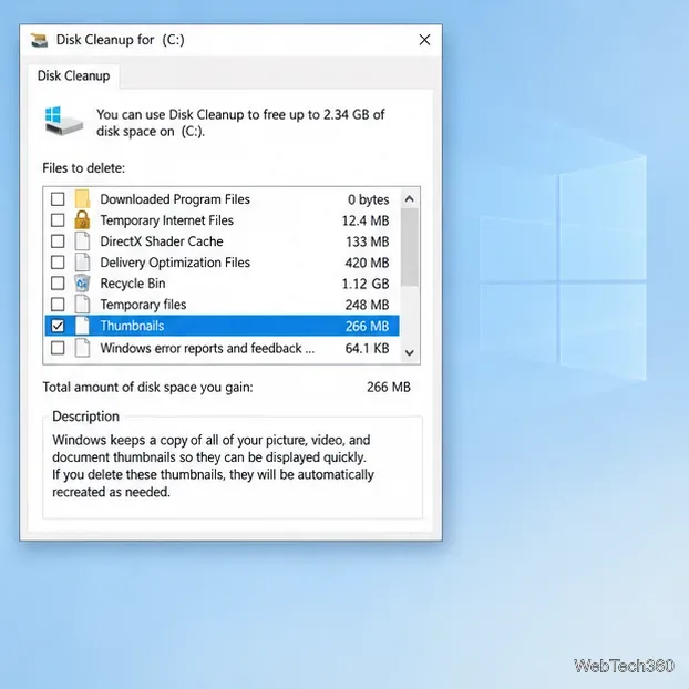 Очистка диска Windows 10 с выбранным кэшем миниатюр.