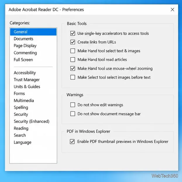 В общих настройках Acrobat Reader включен предварительный просмотр PDF-файлов в проводнике Windows.