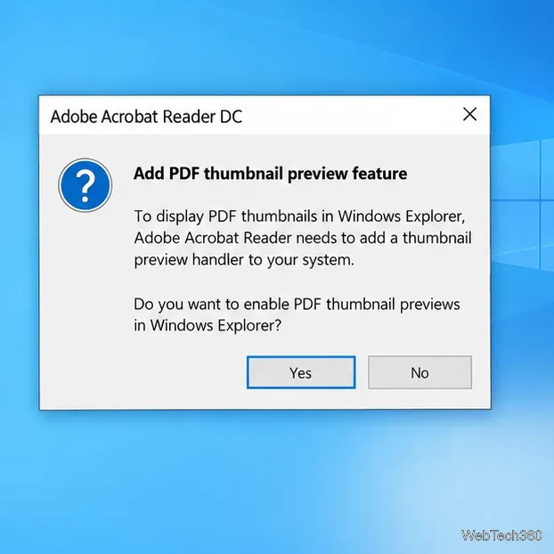 Acrobat Reader запрашивает добавление функции предварительного просмотра эскизов PDF-файлов; вариант «Да» доступен.