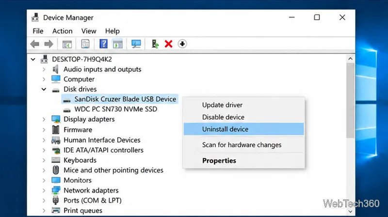 В диспетчере устройств Windows 10 для USB-накопителя выбрано устройство удаления.