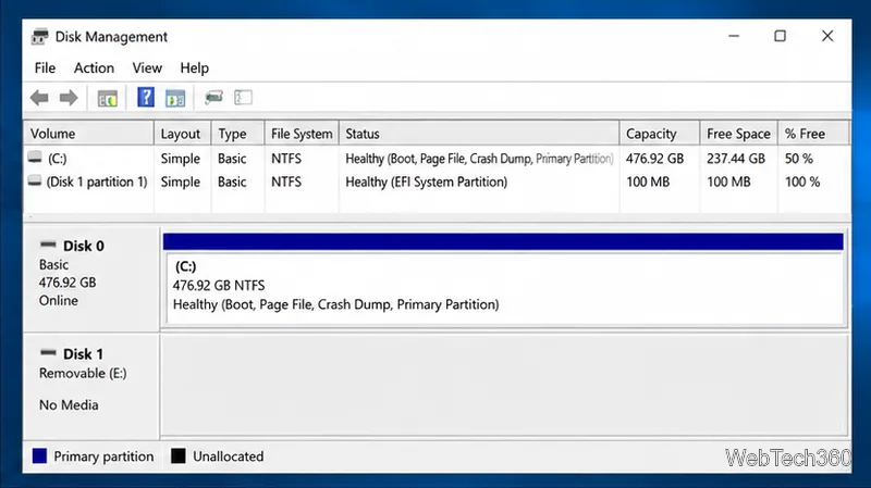В диспетчере дисков Windows 10 отображается съемный USB-накопитель без носителя.
