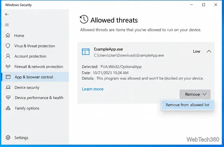 Страница «Разрешенные угрозы» в настройках безопасности Windows с возможностью удаления приложения из списка разрешенных.