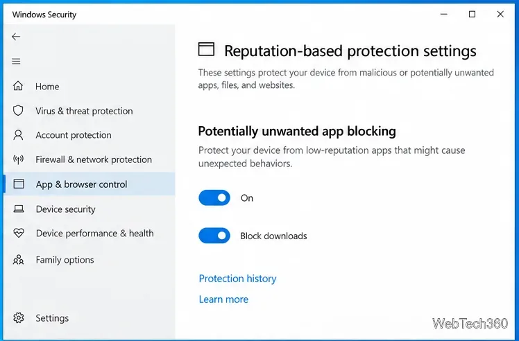 В настройках защиты Windows, основанных на репутации, включена блокировка потенциально нежелательных приложений.