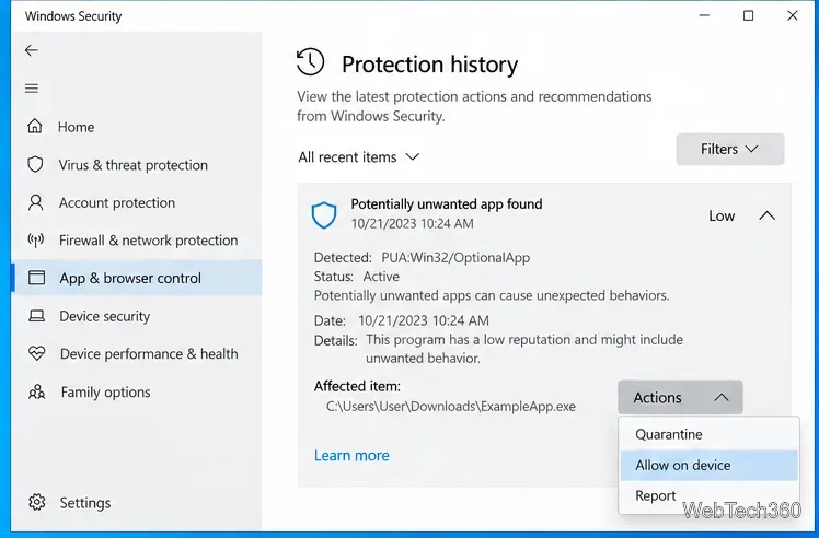 История защиты Windows, показывающая потенциально нежелательное приложение и меню «Действия».