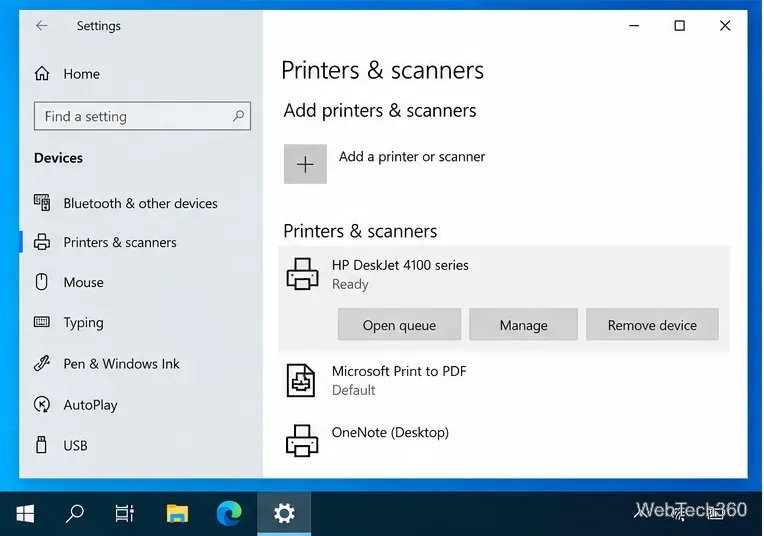 การตั้งค่าเครื่องพิมพ์และสแกนเนอร์ของ Windows 10 โดยที่เลือกเครื่องพิมพ์ไว้แล้ว และมีตัวเลือก "ลบอุปกรณ์" ให้ใช้งานได้