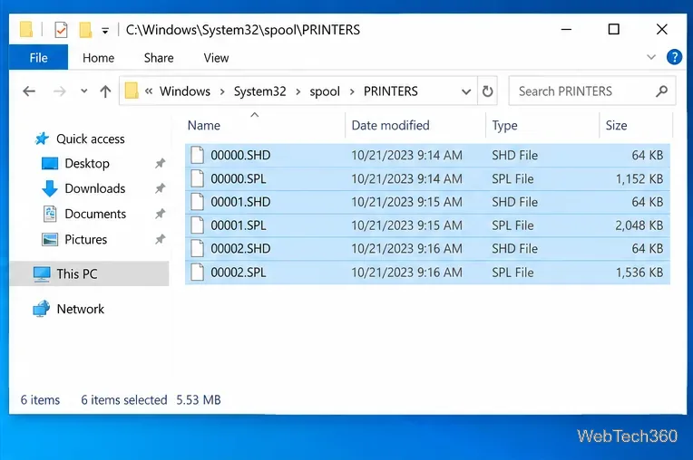 โปรแกรม Windows File Explorer แสดงไฟล์สปูลที่อยู่ในคิวภายในโฟลเดอร์ PRINTERS