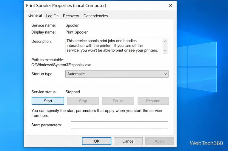 หน้าต่างคุณสมบัติ Print Spooler ของ Windows 10 พร้อมประเภทการเริ่มต้นอัตโนมัติและปุ่มเริ่ม