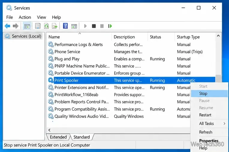 คอนโซลบริการของ Windows 10 โดยเลือก Print Spooler และไฮไลต์ Stop ไว้