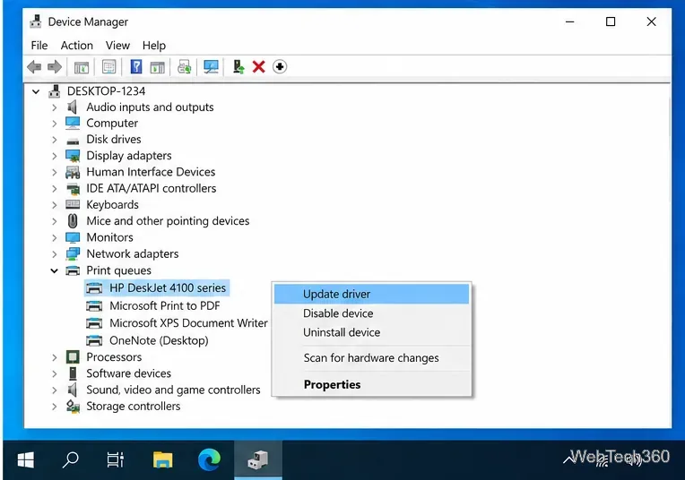 หน้าต่าง Device Manager ของ Windows 10 โดยเลือกเครื่องพิมพ์ไว้ และไฮไลต์ที่ตัวเลือก "อัปเดตไดรเวอร์"