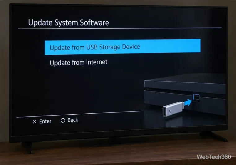 PS4 Update System Software screen with Update from USB Storage Device selected
