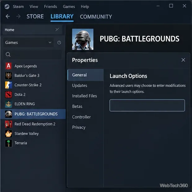 Biblioteca Steam afișează proprietățile PUBG: BATTLEGROUNDS și un câmp gol pentru opțiuni de lansare.