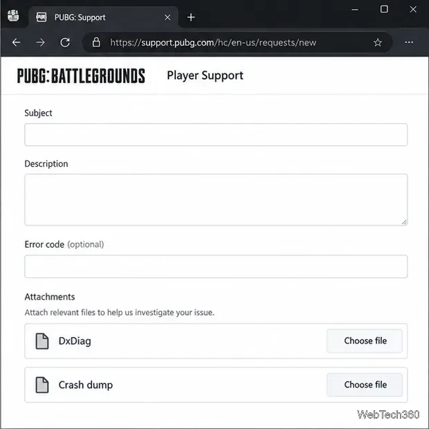 Formular de solicitare asistență pentru jucătorii PUBG, cu câmpuri pentru un cod de eroare și atașamente de diagnosticare.