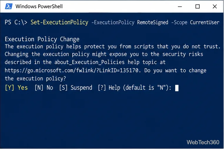 Запрос подтверждения PowerShell для установки параметра RemoteSigned в области действия CurrentUser.