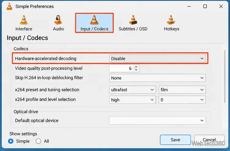 В настройках VLC Input and Codecs параметр «Аппаратное ускорение декодирования» установлен в значение «Отключено».