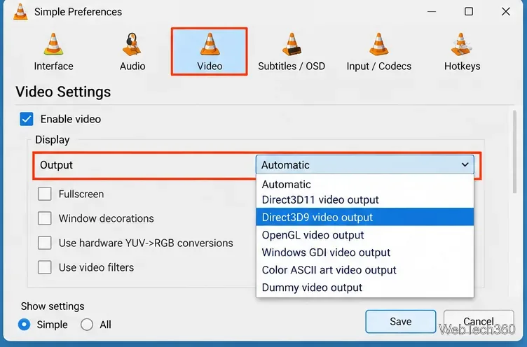 В настройках VLC Video, при открытом меню «Вывод» и выделенном выводе видео Direct3D9.