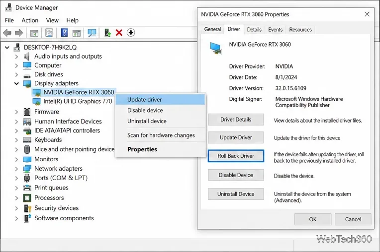 Windows Device Manager showing a graphics adapter with Update driver and Roll Back Driver controls