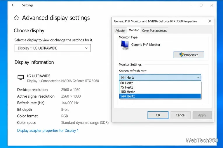 Windows 10 Advanced display settings and Monitor properties with 144 Hertz selected