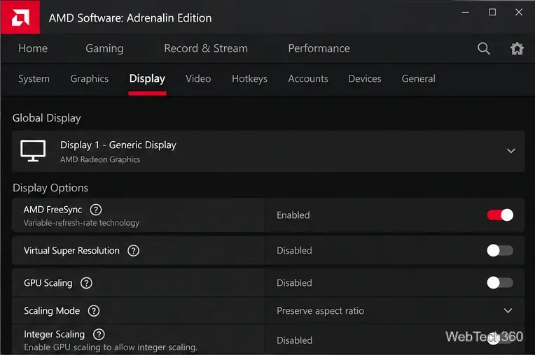 AMD Software Adrenalin Display page with AMD FreeSync enabled