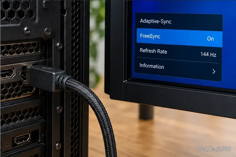 Display cable connected to a graphics card beside a monitor menu showing FreeSync on and 144 Hertz
