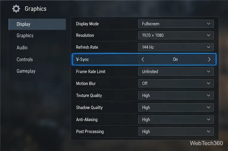 Game graphics menu with V-Sync switched on at 144 Hertz