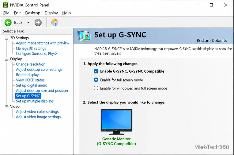 NVIDIA Control Panel Set up G-SYNC page with G-SYNC Compatible enabled