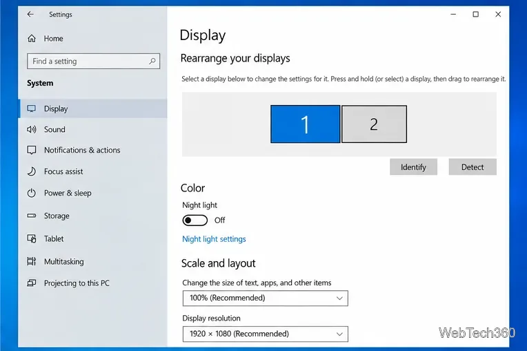Windows 10 Display settings showing the recommended 1920 by 1080 resolution