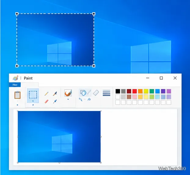 Sobreposição da seleção de tela do Windows acima de uma janela do Paint contendo a captura colada.