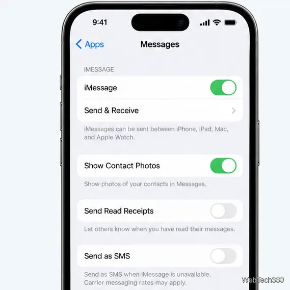 Messages settings screen with iMessage enabled and the Send and Receive option visible