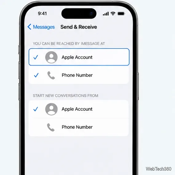Send and Receive screen with Apple Account selected for iMessage and new conversations