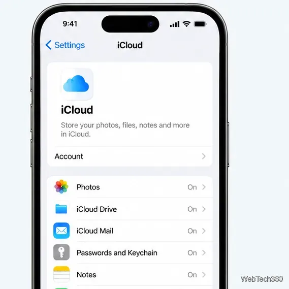 iPhone iCloud settings screen showing the iCloud account and service list