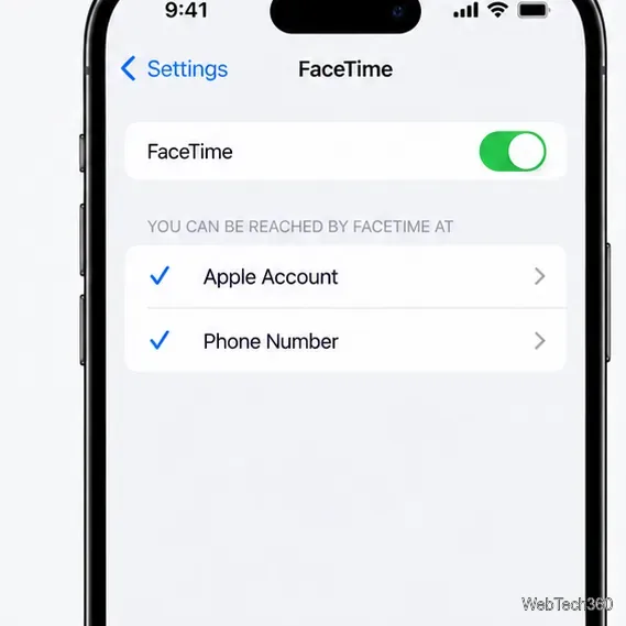 FaceTime settings screen with FaceTime enabled and Apple Account and phone number selected