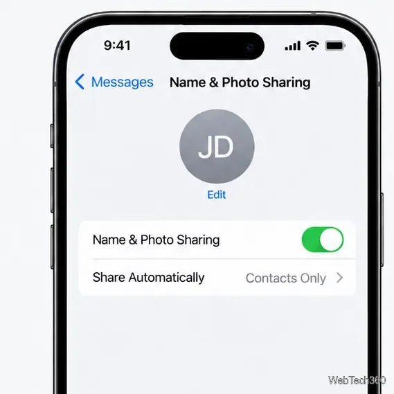 Name and Photo Sharing settings with sharing enabled and Contacts Only selected