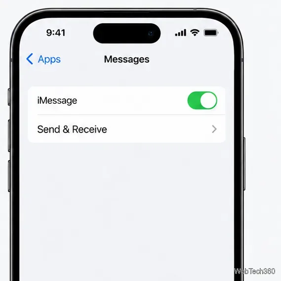 Messages settings screen showing the iMessage switch and Send and Receive row