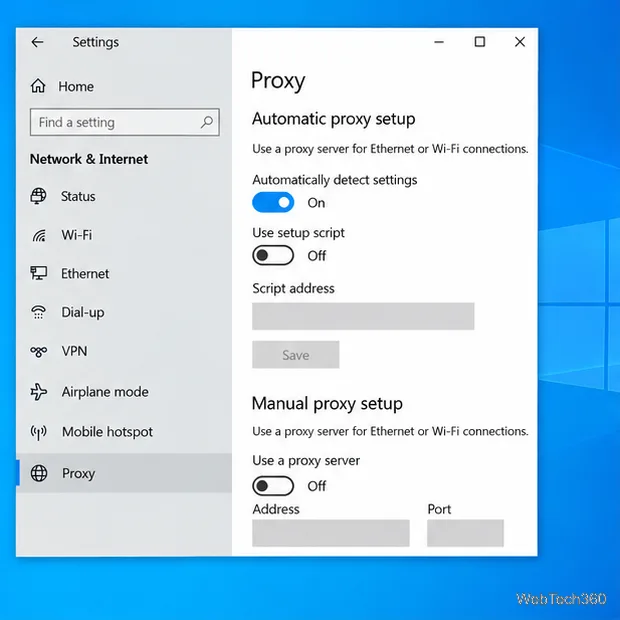 На странице настроек прокси-сервера Windows 10 отображается информация о включенном автоматическом определении и выключенном ручном определении прокси.