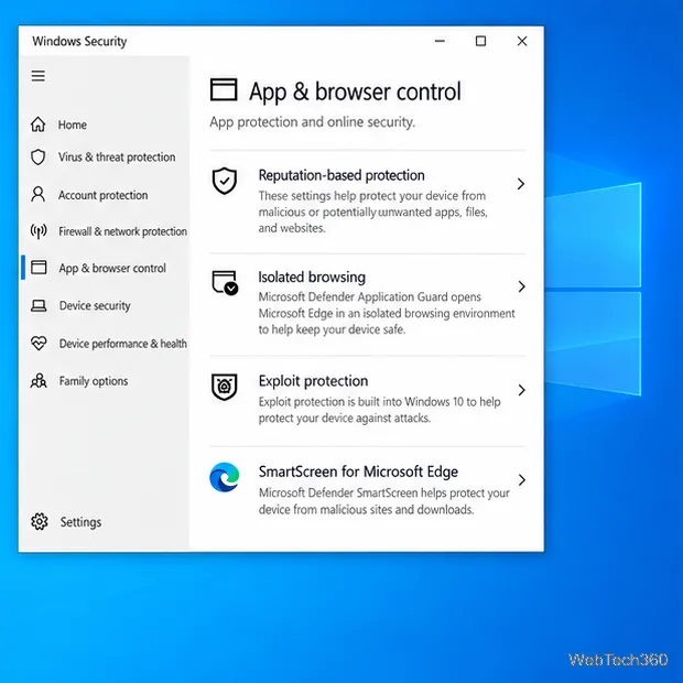Страница управления приложением «Безопасность Windows» и браузером с указанием защиты на основе репутации.