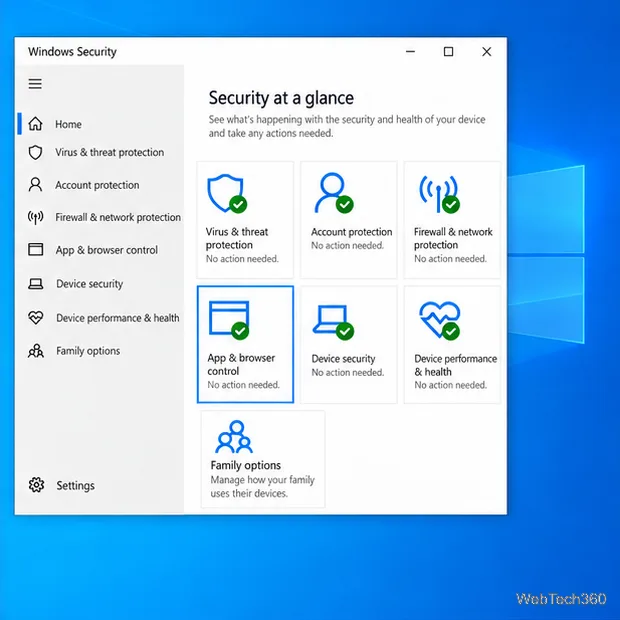 Главный экран Windows Security с выбранным плиткой «Управление приложениями и браузером».