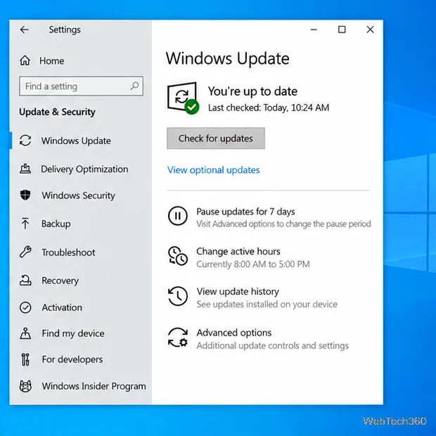 Страница Центра обновления Windows с видимой кнопкой «Проверить наличие обновлений».