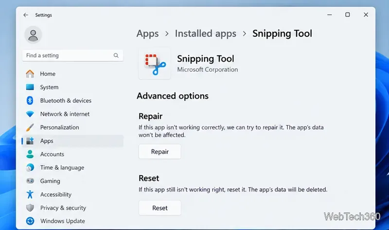 Windows 11 Snipping Tool Advanced options page showing the Repair and Reset buttons.