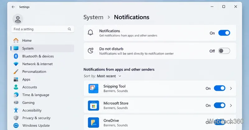 Windows 11 Notifications settings showing Do not disturb off and Snipping Tool notifications enabled.