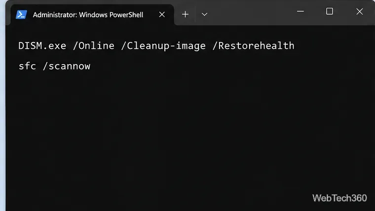 Administrator Windows PowerShell window displaying the DISM RestoreHealth command followed by sfc slash scannow.