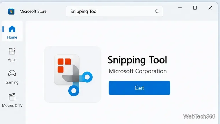 Microsoft Store search result for Snipping Tool published by Microsoft Corporation, with the Get button visible.