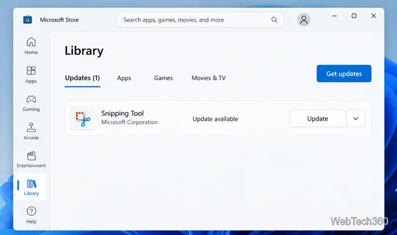 Microsoft Store Library with Snipping Tool shown in the app updates list and the Get updates button visible.