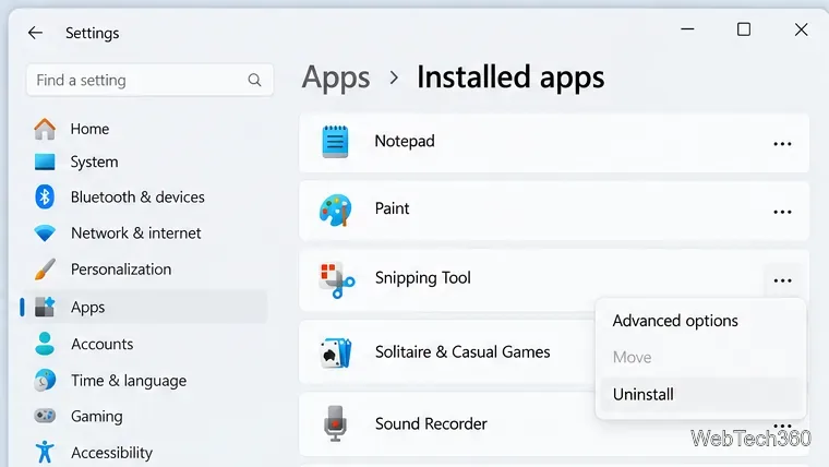 Windows 11 Installed apps list with the Snipping Tool three-dot menu open and Uninstall highlighted.