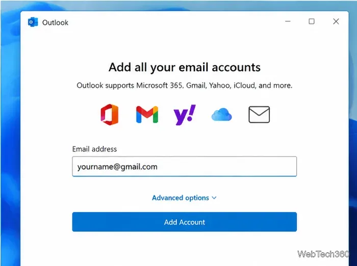 В окне настройки учетной записи Outlook запрашивается адрес электронной почты.